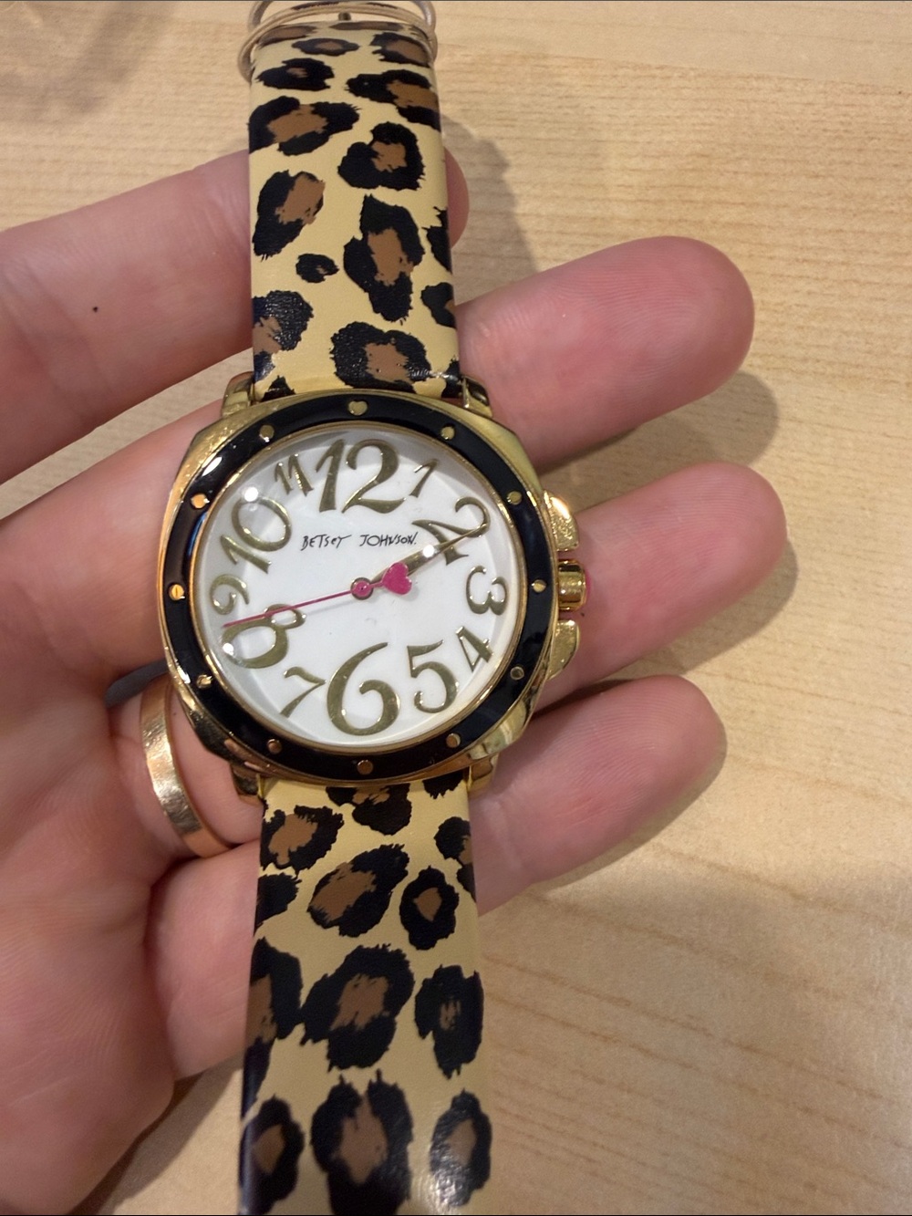 Betsey Johnson Leopard Print Watch in Gold and Pink Accents